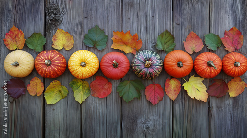 Obraz na płótnie Pumpkins of different shapes and colors lined up with vibrant autumn leaves on a wooden backdrop w salonie