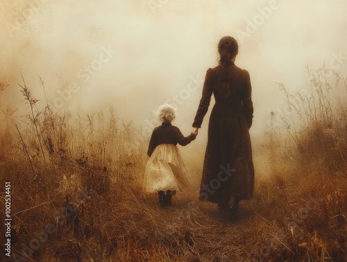 Vintage mother and child walking through misty field photo