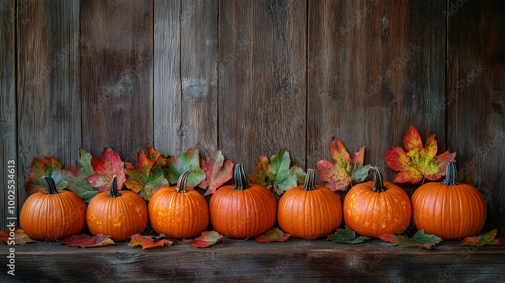 Row of pumpkins with bright autumn leaves, creating a cozy fall mood on a wooden background
