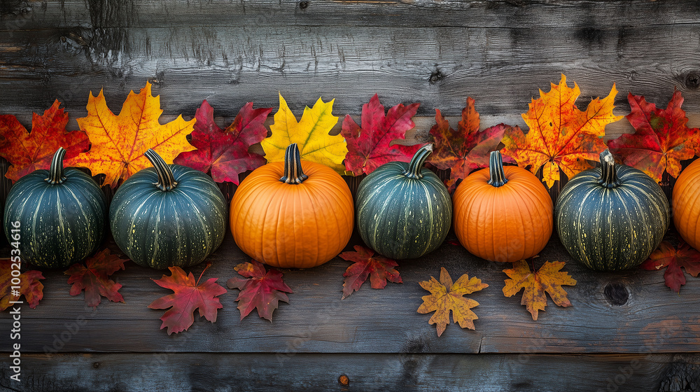 Row of pumpkins with bright autumn leaves, creating a cozy fall mood on a wooden background