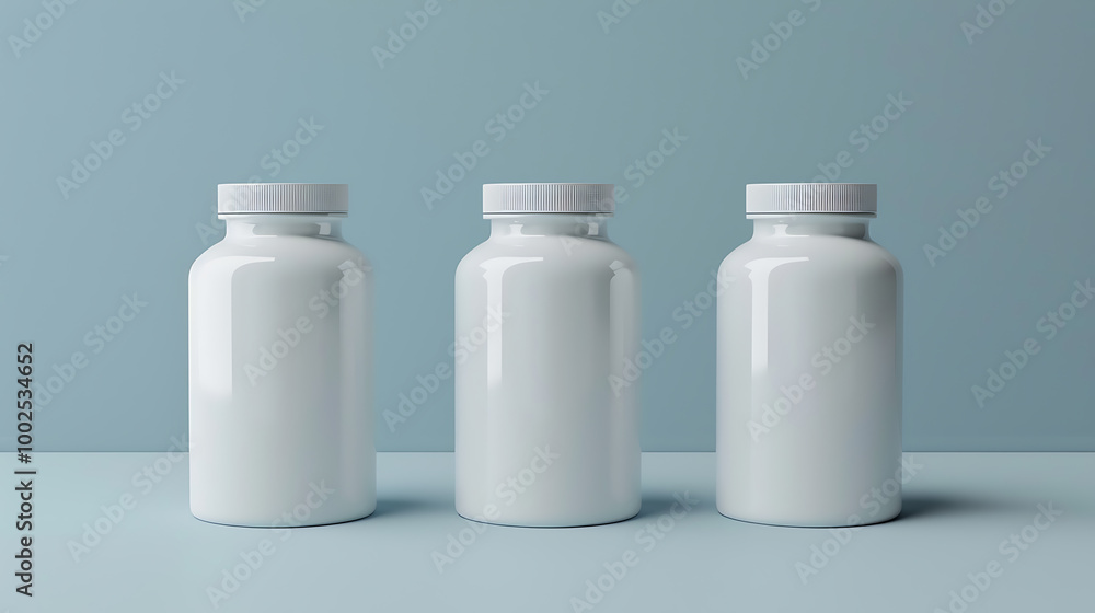 Three white pill bottles with white caps on a blue background. The bottles are empty and ready for your design. Three white pill bottles with white caps on a blue background. The bottles are empty and ready for your design.