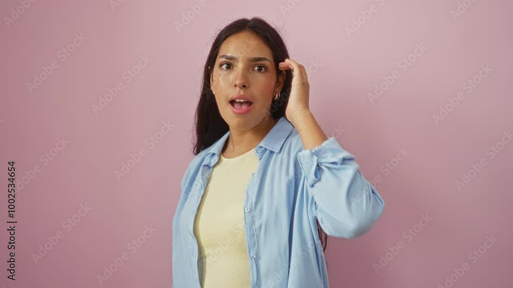 Young hispanic woman in blue shirt against pink background showing various emotions including contemplation, surprise, and joy Young hispanic woman in blue shirt against pink background showing various emotions including contemplation, surprise, and joy