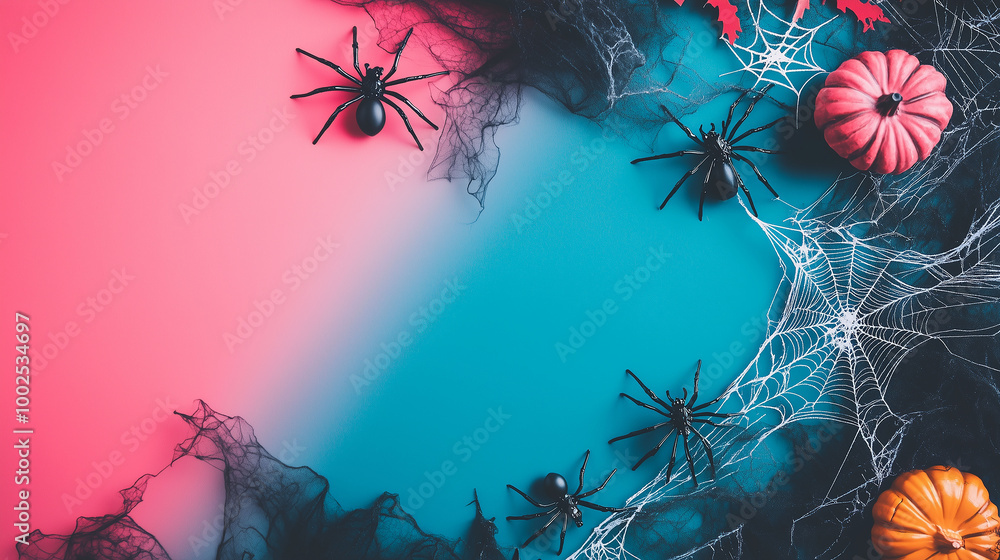 Spooky Halloween flat lay with spider webs, spiders, and other decorations spread on a multi-colored backdrop