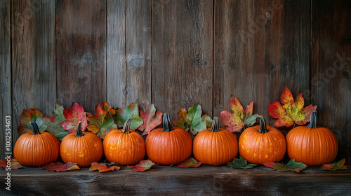 Obraz na płótnie Row of pumpkins with bright autumn leaves, creating a cozy fall mood on a wooden background w salonie