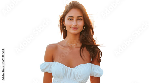 Pretty model woman with clear skin and long healthy straight hair on transparent background PNG. 
