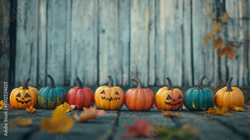Obraz na płótnie Row of pumpkins with bright autumn leaves, creating a cozy fall mood on a wooden background w salonie