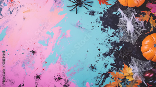 Obraz na płótnie Spooky Halloween flat lay with spider webs, spiders, and other decorations spread on a multi-colored backdrop w salonie