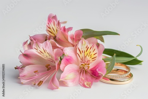 Romantic Alstroemeria Flowers and Gold Wedding Rings: Elegant Floral Arrangement for Wedding Celebration and Love Symbol