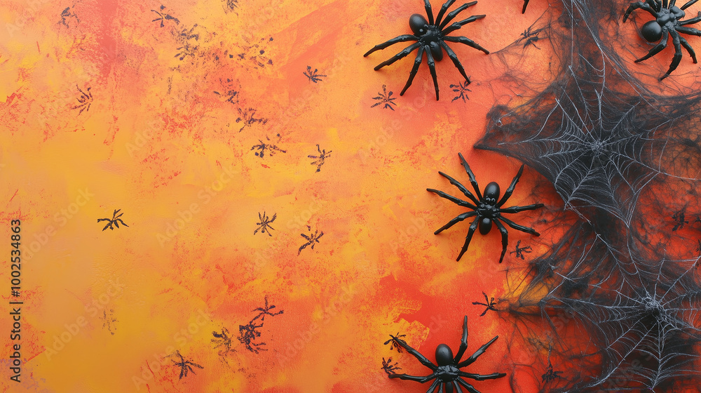 Halloween top-view composition with fake spiders, webs, and decorations on a bright-colored background, capturing the essence of autumn festivity