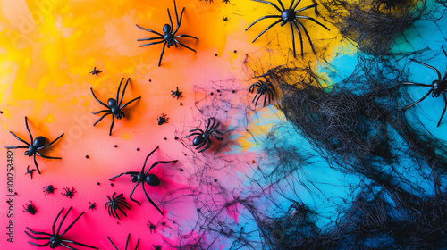 Obraz na płótnie Spooky Halloween flat lay with spider webs, spiders, and other decorations spread on a multi-colored backdrop w salonie