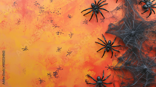 Obraz na płótnie Halloween top-view composition with fake spiders, webs, and decorations on a bright-colored background, capturing the essence of autumn festivity w salonie