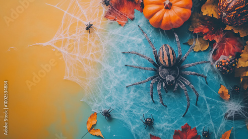 Obraz na płótnie Halloween top-view composition with fake spiders, webs, and decorations on a bright-colored background, capturing the essence of autumn festivity w salonie