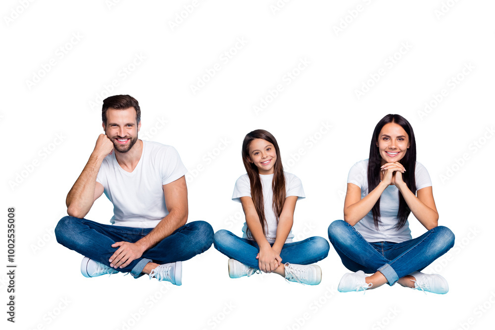 Full length body size photo of white nice cheerful charming family wearing denim sitting with legs crossed while isolated with blue background Full length body size photo of white nice cheerful charming family wearing denim sitting with legs crossed while isolated with blue background