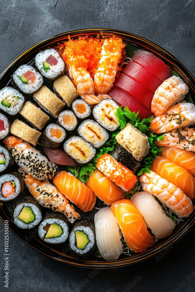 A vibrant assortment of sushi and sashimi beautifully arranged on a traditional Japanese platter A vibrant assortment of sushi and sashimi beautifully arranged on a traditional Japanese platter