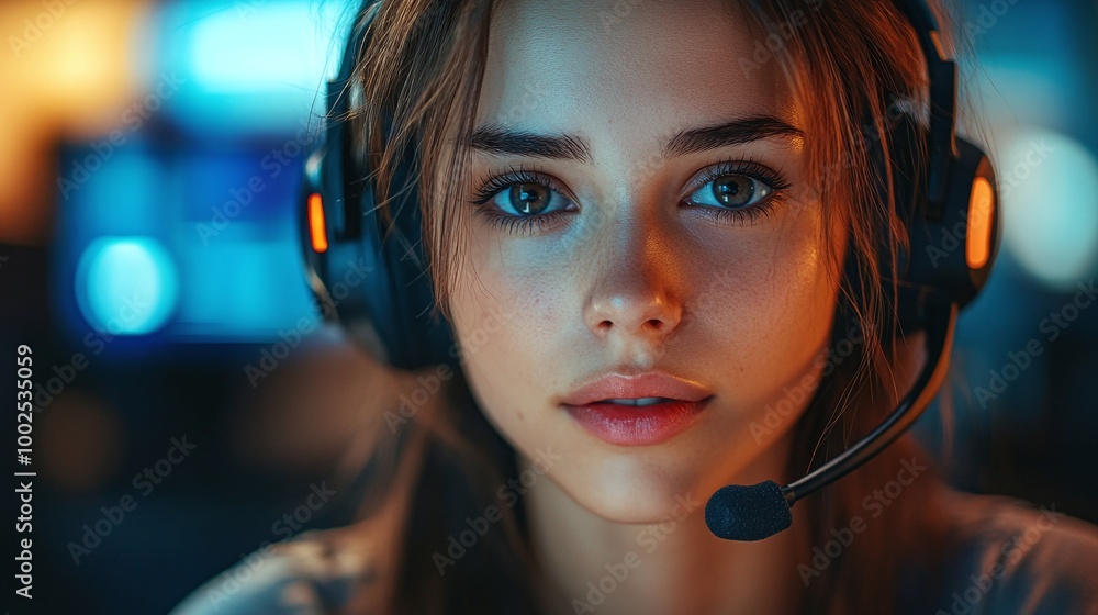 woman in a call center wearing a headset, providing inbound and outbound customer service, professional business consulting, and telecommunication support woman in a call center wearing a headset, providing inbound and outbound customer service, professional business consulting, and telecommunication support