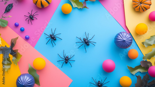 Obraz na płótnie Flat lay Halloween mockup, spiders crawling on faux webs placed on colorful paper backgrounds, surrounded by festive decorations and room for text w salonie