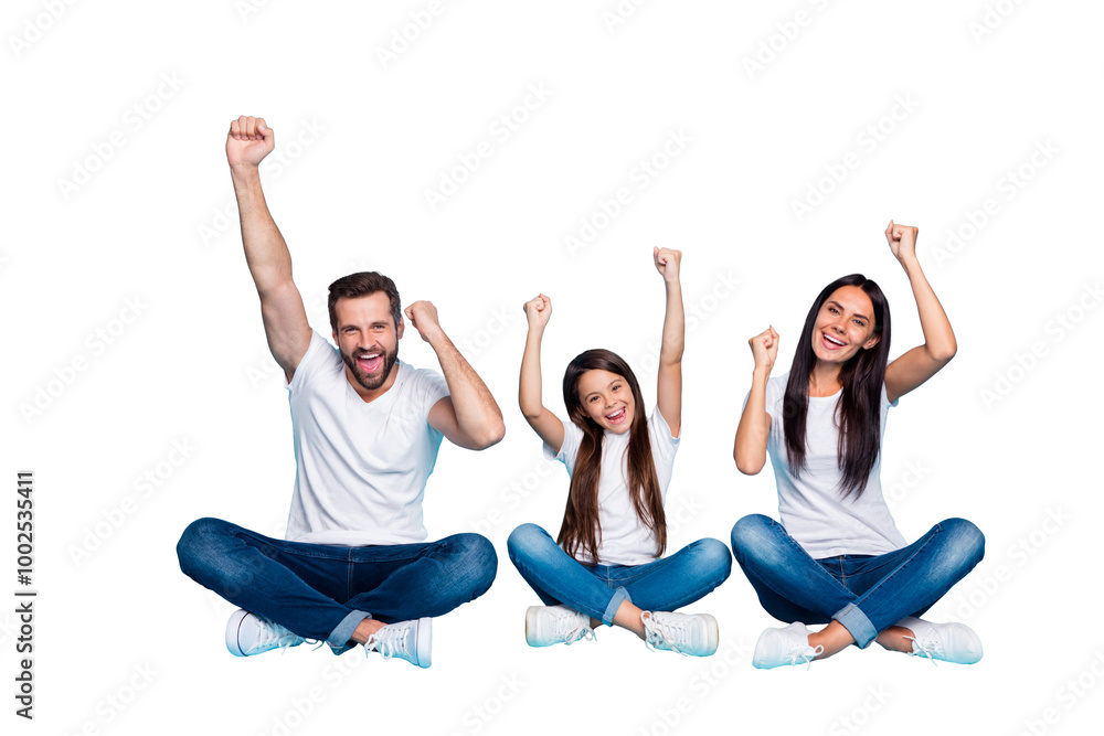 Fototapeta premium Full length body size photo of charming beautiful funny funky family rejoicing with their victory over someone wearing white t-shirts jeans denim while isolated with blue background