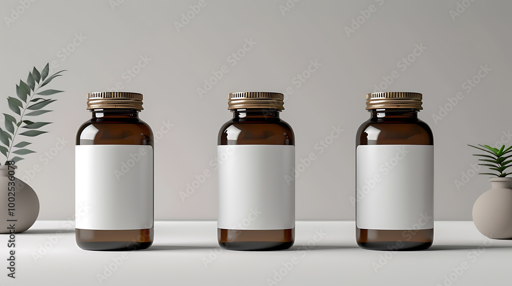 Three amber glass bottles with blank labels and gold lids on a white table top, ready for your product branding. Three amber glass bottles with blank labels and gold lids on a white table top, ready for your product branding.