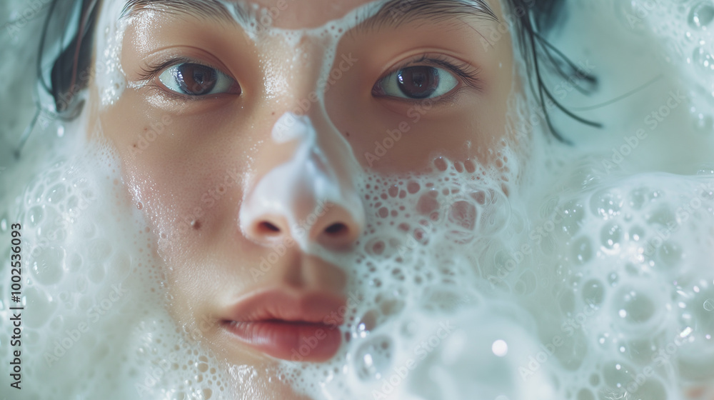 A woman's face is covered in bubbles in a bathtub A woman's face is covered in bubbles in a bathtub