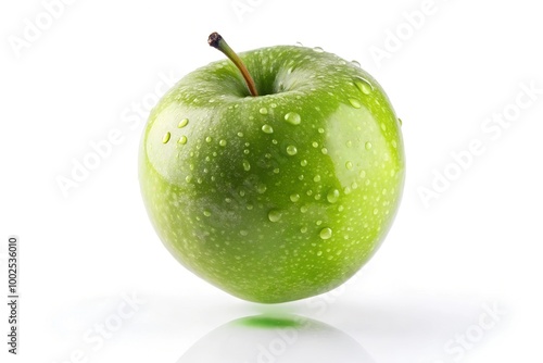 Falling green juicy apple isolated on white background, selective focus