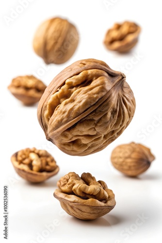 Falling walnut, nut, isolated on white background, selective focus