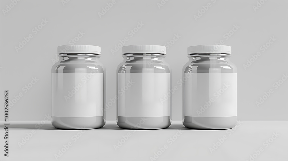Three clear glass jars with white lids and blank labels, ready for your design. Three clear glass jars with white lids and blank labels, ready for your design.