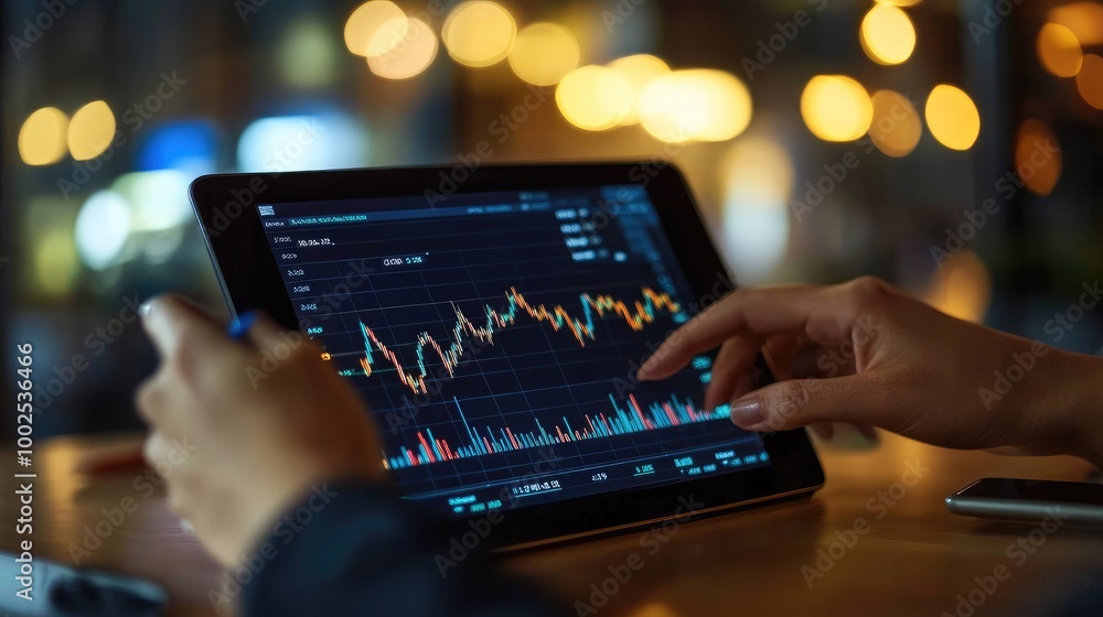 A businessperson analyzing stock charts on a tablet with financial data on the screen. A businessperson analyzing stock charts on a tablet with financial data on the screen.
