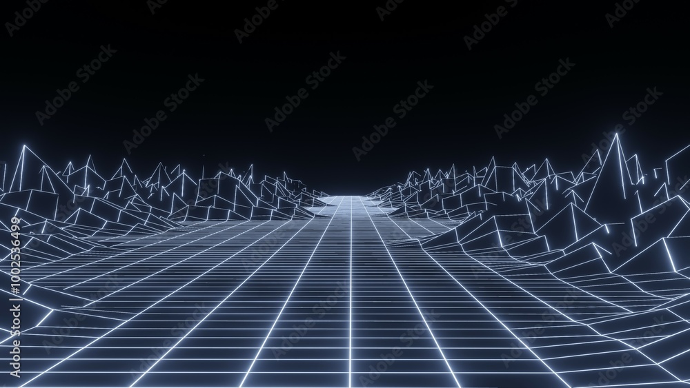 Naklejka premium Retro fantastic background of the 80s. Mountain wireframe landscape with night sky. Futuristic neon scenery. 3d rendering.