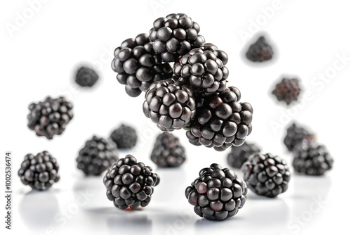 Falling blackberry isolated on white background, selective focus