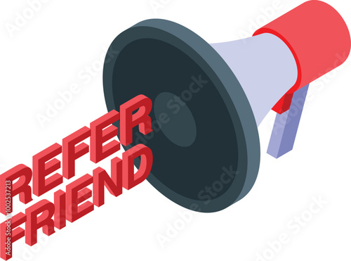 Red refer a friend message coming out of a megaphone, announcing a referral program