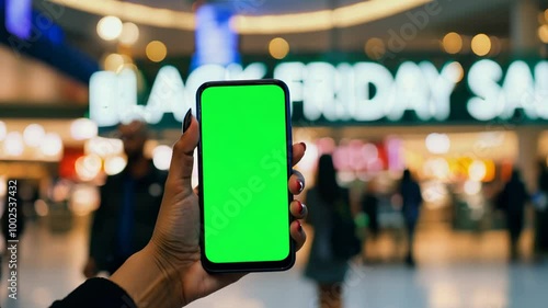 Wallpaper Mural A hand holding a smartphone with a green screen in front of a "Black Friday Sale" sign, ideal for retail and promotional mockups.
 Torontodigital.ca