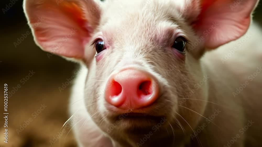 Close-up of a curious piglet looking directly at the camera in a natural farm setting Close-up of a curious piglet looking directly at the camera in a natural farm setting