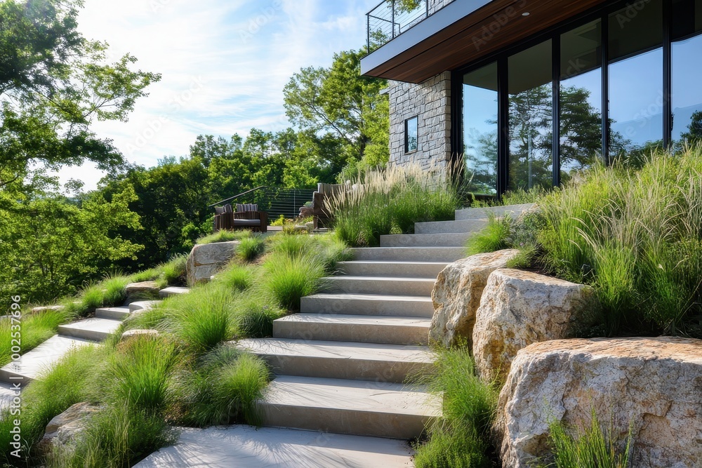 Fototapeta premium Modern stone steps lead to a stylish home, surrounded by lush greenery and natural landscaping.