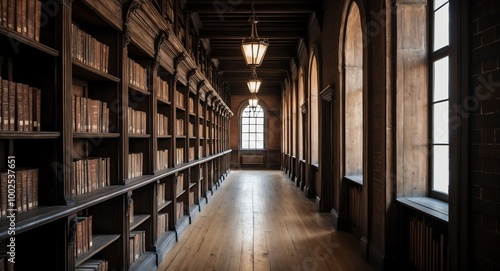 Dimly lit library corridor with old wooden shelves giving a vintage academic atmosphere with open space for text