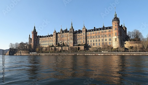 Majestic Castle by the Water, Historical Architecture Reflected in Serene Lake on a Sunny Day