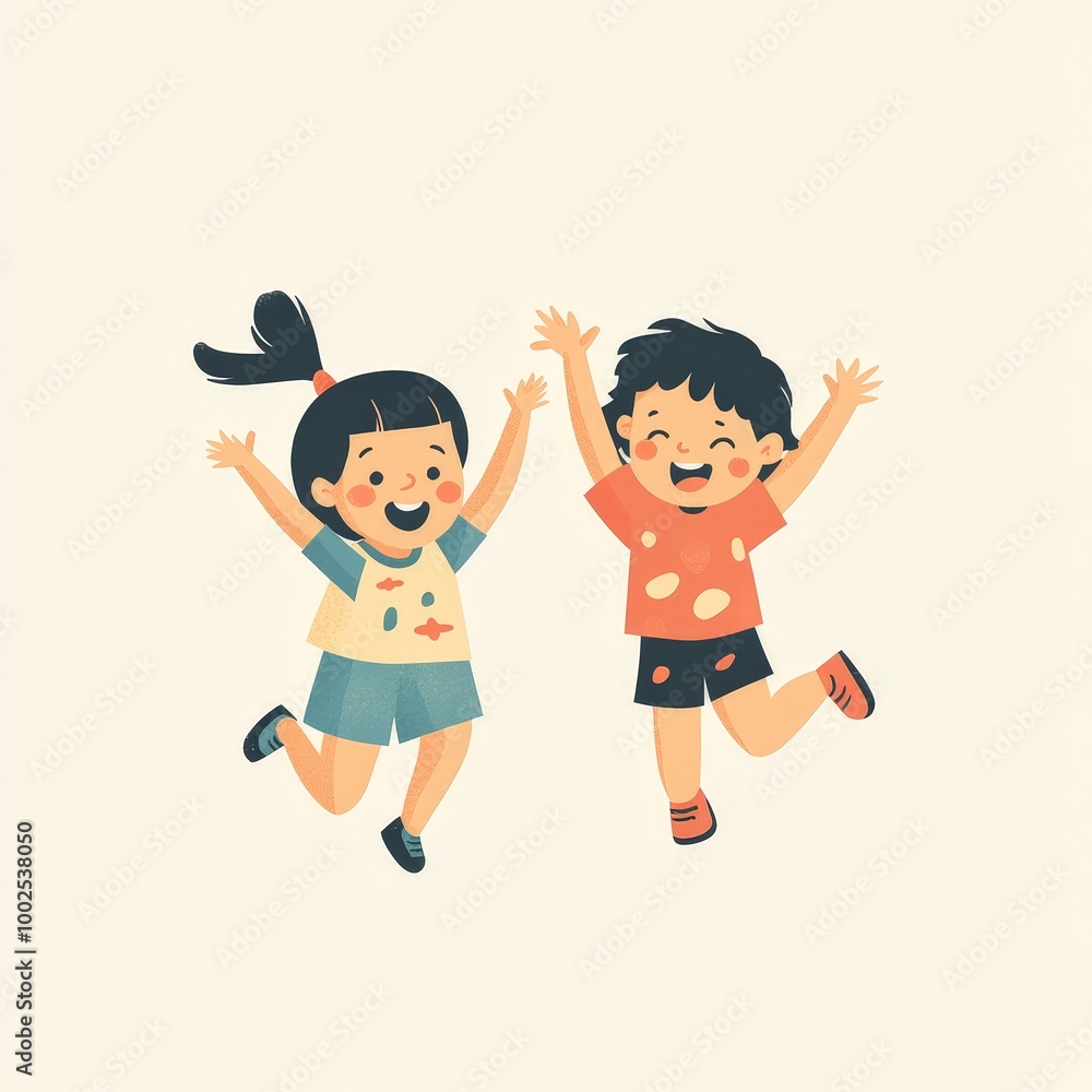 Two children are jumping in the air, one is wearing a blue shirt Two children are jumping in the air, one is wearing a blue shirt