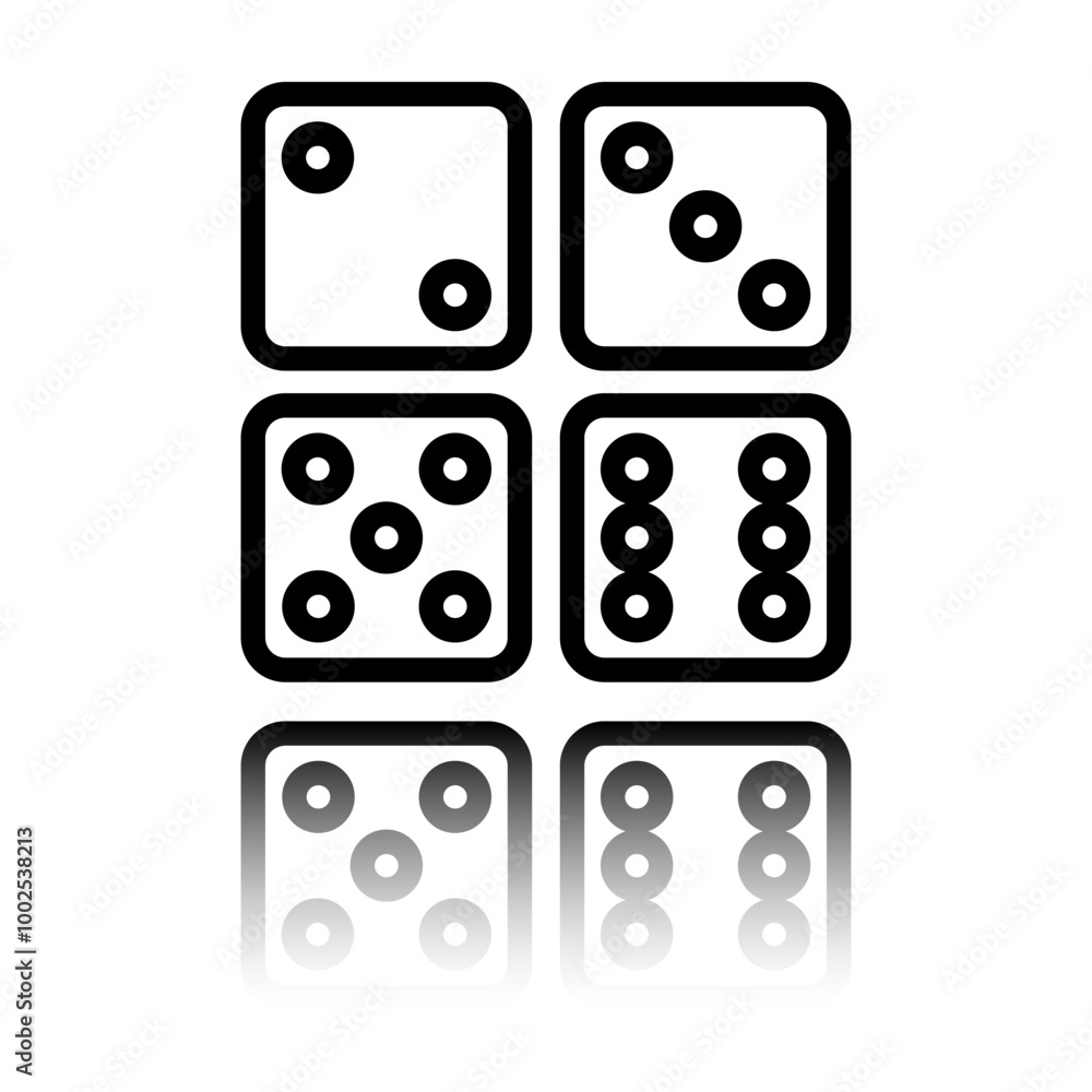 Dices simple icon, vector. Flat design. Black icon with mirror reflection. White background Dices simple icon, vector. Flat design. Black icon with mirror reflection. White background