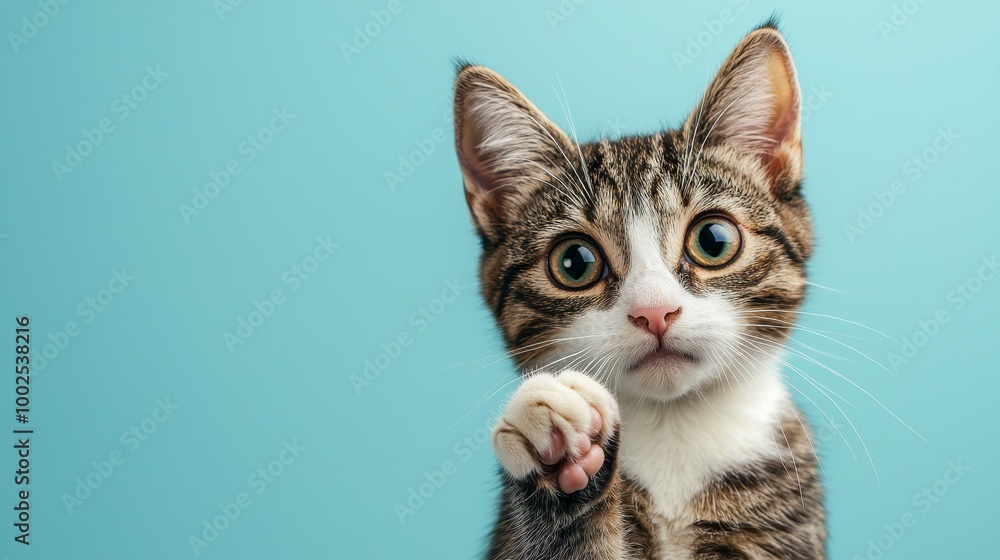Obraz premium Curious tabby cat with sparkling eyes, raising its paw against a light blue background, in sharp, vivid detail.
