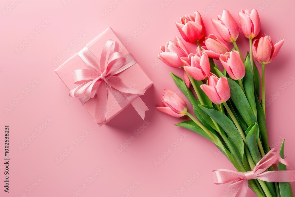 Pink Tulip Bouquet and Gift Box on Pastel Pink Background: Elegant Floral Arrangement for Spring Celebrations Pink Tulip Bouquet and Gift Box on Pastel Pink Background: Elegant Floral Arrangement for Spring Celebrations