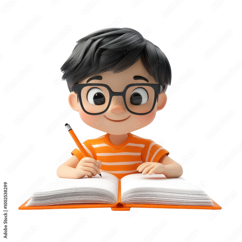 A cheerful boy wearing glasses, studying with a pencil and an open book. Perfect for educational themes and children's learning., isolated on a transparent background. A cheerful boy wearing glasses, studying with a pencil and an open book. Perfect for educational themes and children's learning., isolated on a transparent background.