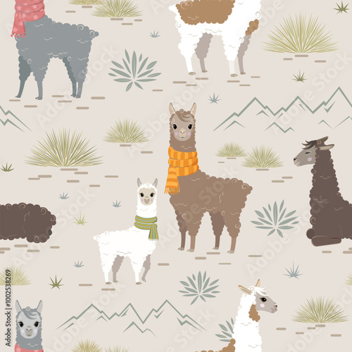 Friendly fluffy alpacas in natural environment. Seamless vector pattern  