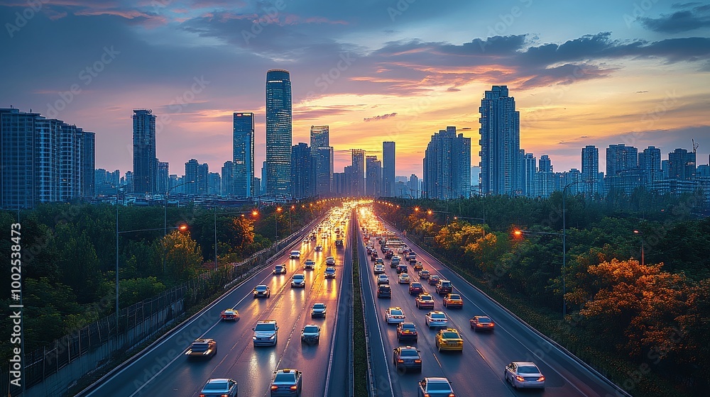 Fototapeta premium evening scene of a city highway with modern skyscrapers and light traffic, capturing the beauty of urban architecture, glowing city lights, and the peaceful energy of a bustling city