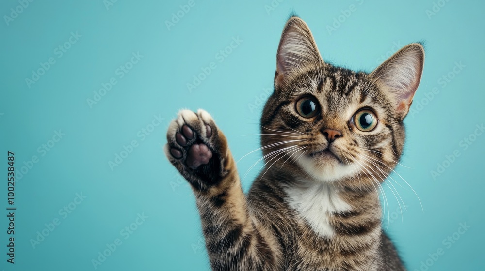 Fototapeta premium Curious tabby cat with sparkling eyes, raising its paw against a light blue background, in sharp, vivid detail.