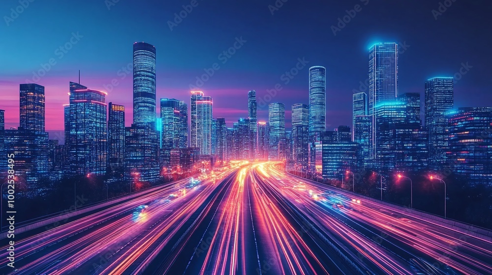 Fototapeta premium evening scene of a city highway with modern skyscrapers and light traffic, capturing the beauty of urban architecture, glowing city lights, and the peaceful energy of a bustling city