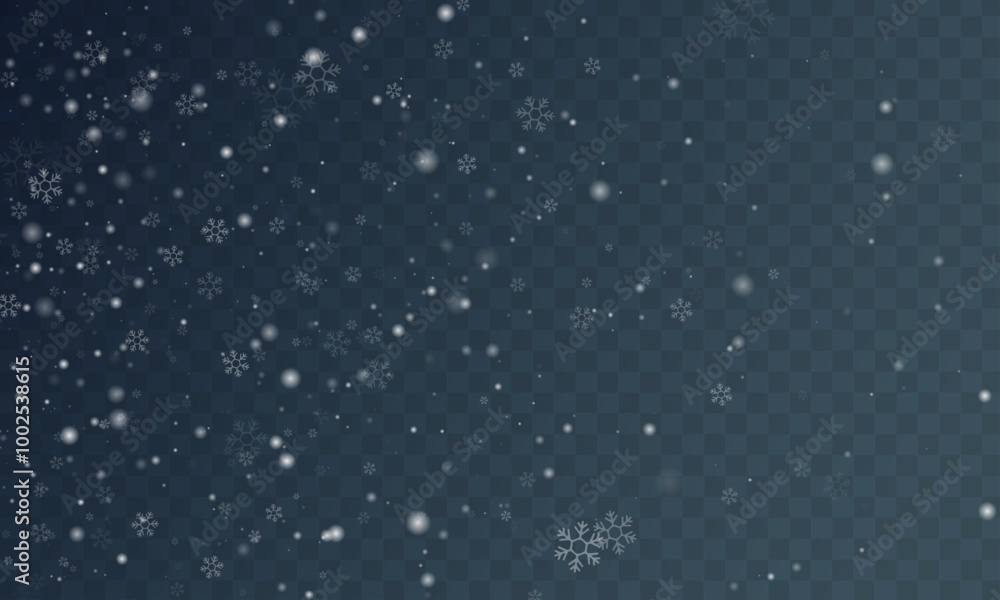 Fototapeta premium Minimalistic wallpaper with snow. Snowfall weather white transparent template. Small snowflakes february vector. Snowy landscape of nature. 