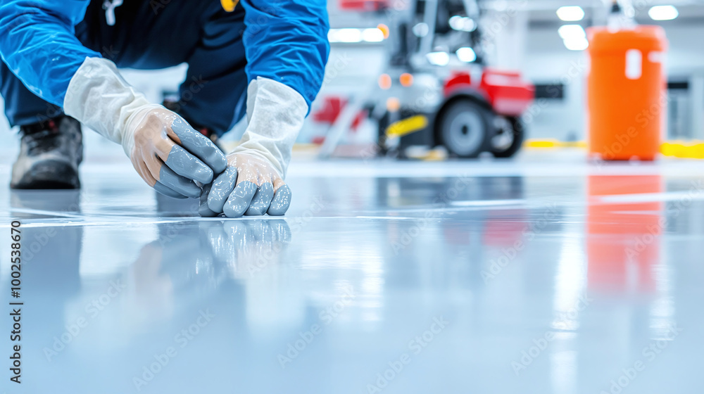 Obraz premium close-up of hands in protective gloves applying a sealant to a newly installed epoxy floor, with cleaning equipment visible in the background