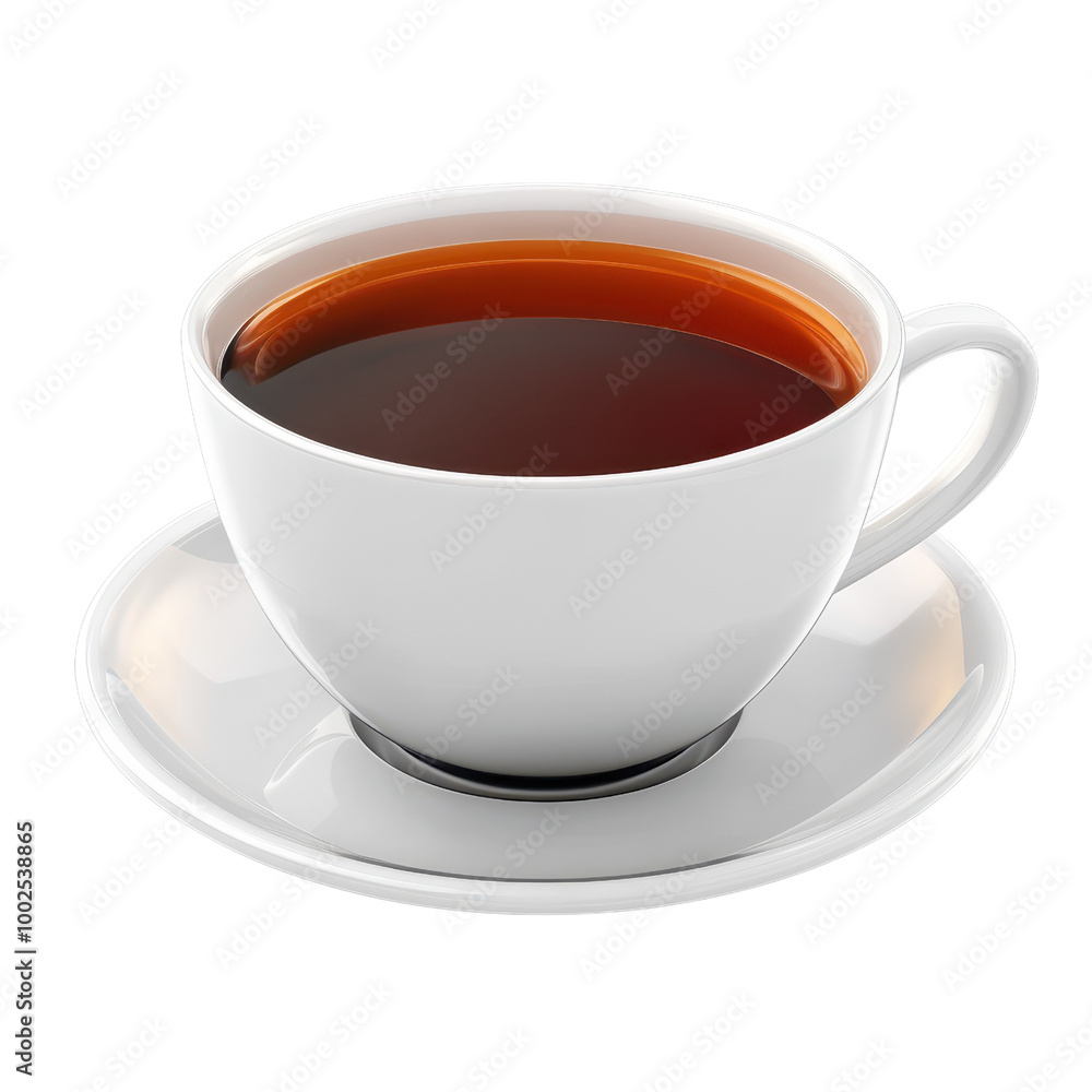 A clean, white cup filled with dark coffee, resting on a matching saucer for a classic and inviting coffee experience., isolated on a transparent background. A clean, white cup filled with dark coffee, resting on a matching saucer for a classic and inviting coffee experience., isolated on a transparent background.