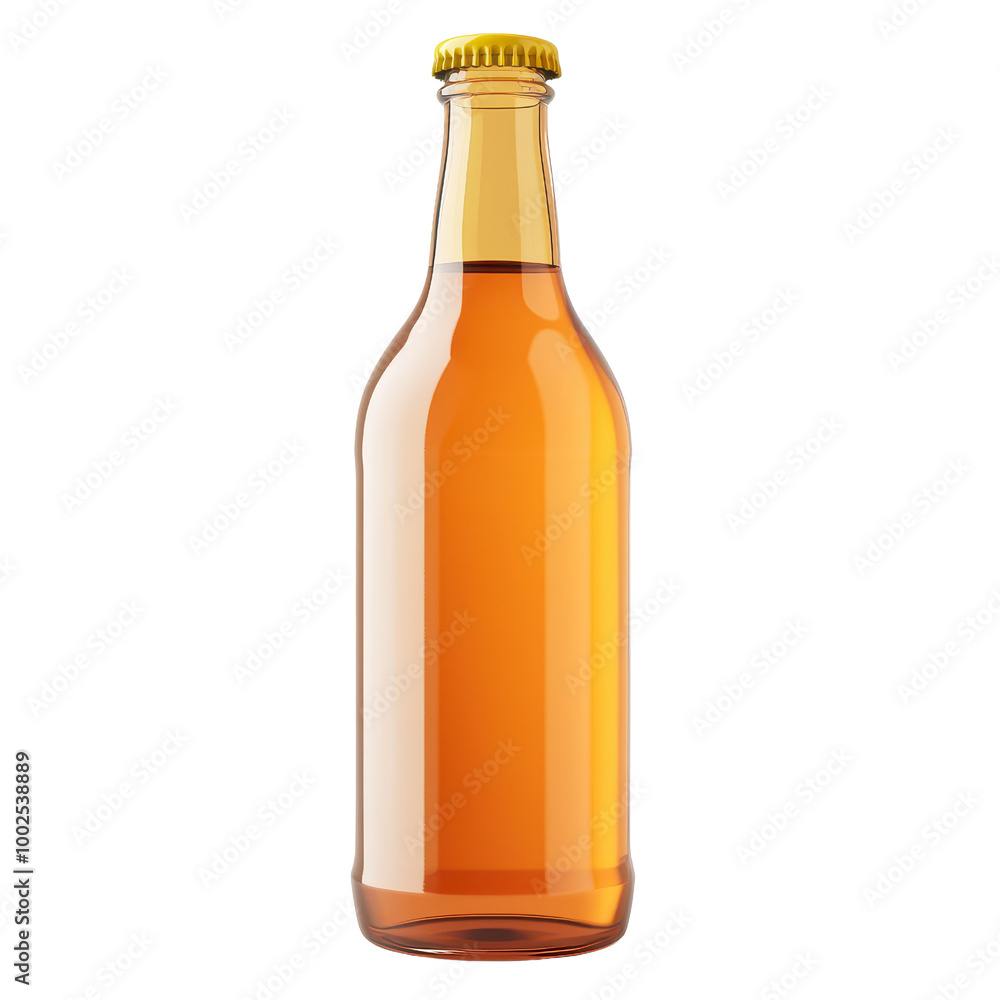 A clear glass bottle filled with amber liquid, showcasing a simple yet elegant design perfect for beverages or craft drinks., isolated on a transparent background. A clear glass bottle filled with amber liquid, showcasing a simple yet elegant design perfect for beverages or craft drinks., isolated on a transparent background.