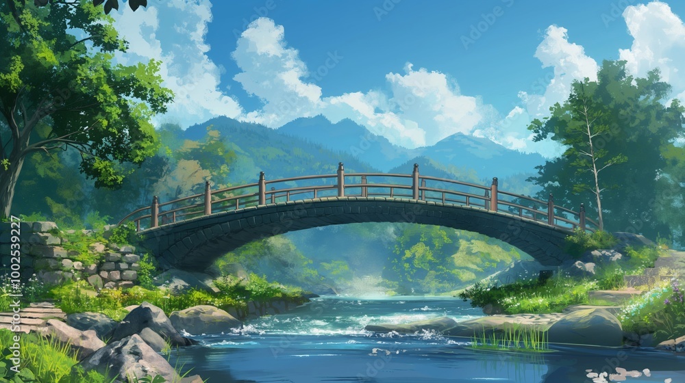peaceful anime theme of the nice weather day , cloudy and fresh, mountain in background peaceful anime theme of the nice weather day , cloudy and fresh, mountain in background