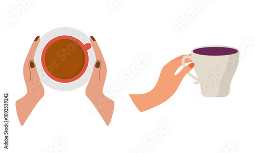 Hands with hot drink cups. Beverages ceramic mugs